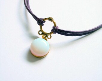 REAL white opal choker necklace Purple leather Pendant jewellery Gift for Christmas delicate boho handmade Elegant vintage accessory for her