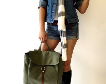 Olive green Canvas Unisex Satchel Backpack , School laptop Bag,Travel Tote, Front Leather strap diaper bag / Sale 30% - no.102 -TANYA