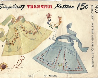 1940s Simplicity 7400 Vintage Sewing Pattern Misses Half Apron, Clothespin Apron One Size Embroidery Transfer