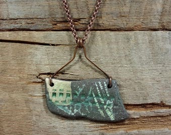 Pottery Shard PENDANT Hand Made Necklace of Reversible Tumbled Pottery Shard, Copper Wire Wrapped, Copper Chain with Lobster Claw Closure