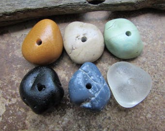 COLORFUL Drilled Beach Stones & Beach Glass Beads Lake Stones Sea Glass 2mm