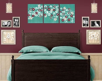 Triptych Wall Art Teal Painting on Canvas - 3D Flower Decor - Large 50x20
