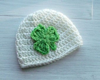 Shamrock Baby Hat, St Patricks Day Baby Hat, Irish Baby Hat, Newborn Baby Hat, Lime Shamrock Crochet Baby Hat, Baby Shower Gift