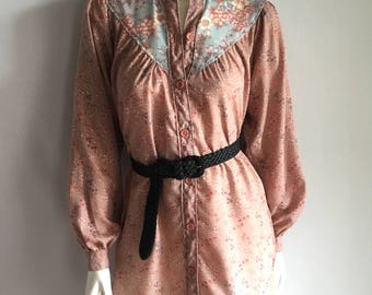 Vintage Women's 70's Boho, Shirt-Dress, Floral, Mauve, Long Sleeve by Girlwatcher (S/M)