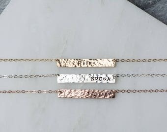 Baby Name Necklace, HAMMERED Reversible Nameplate Necklace, Personalized for Her Charm, TWO SIDED Thin Name Plate Bar, Everyday Necklace