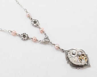 Steampunk Necklace with Vintage Watch Movement, Gears, Genuine Pink Blush Pearls & Swarovski Crystal on Silver Chain with Flower Charms