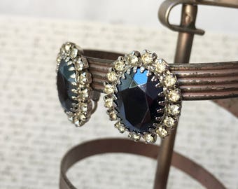 Rhinestone Earrings, Blue and Silver Earrings, Silver and Blue Earrings, Blue Clip On Earrings, Rhinestone Clip On Earrings, Silver Clip Ons
