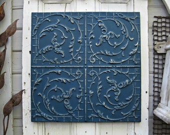 Tin Ceiling Tile. FRAMED 2x2 antique metal tile. Vintage architectural salvage. Indigo blue wall decor. Old pressed tin.