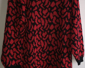 Vintage Women's Cable Knit Sweater By Brunny S/M Oversized RN#23055 Black/Red