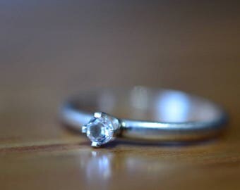 Minimalist Engagement Ring, 3mm White Topaz Ring, Inscribed Sterling Silver Ring, Custom Engraved Promise Ring, Personalised Jewelry