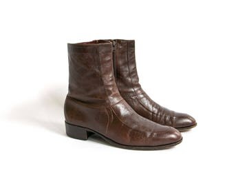 Vintage 1960's Brown Florsheim Imperial Tall Leather Boots, Zip Up Beatle Boots, 60's Mod, Men's Dress Shoes, Size 9 1/2