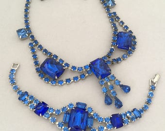 Vintage Statement Jewelry Rhinestone Necklace Set - Blue Rhinestone Necklace - Blue Necklace Bracelet Set - Vintage Blue Collar Necklace