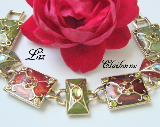 Liz Claiborne Enamel Rhinestone Panel Bracelet / Designer Signed / Olive Green / Cranberry Red / Costume Jewelry / Jewellery