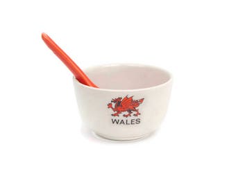 Vintage Red Welsh Dragon Condiment Bowl and Spoon Rest WALES Coat of Arms Souvenir White Cup Sauce Bowl