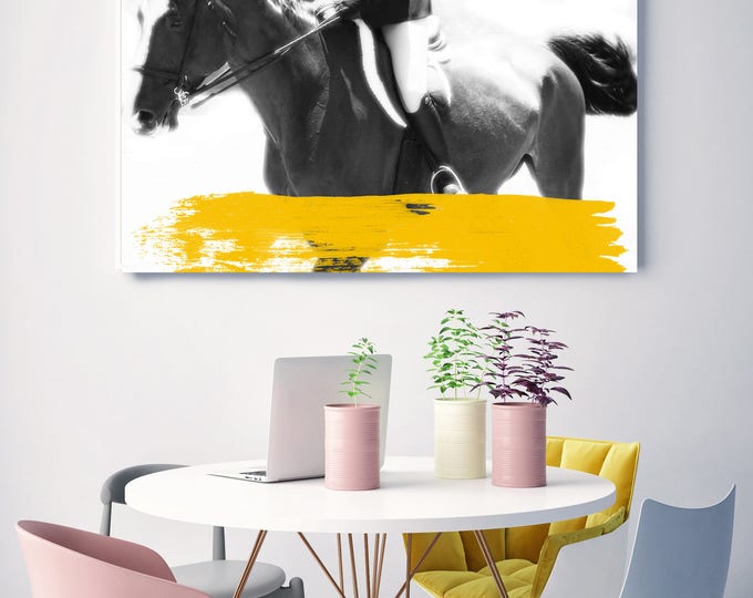 Female Rider 5-2. Large Horse, Unique Horse Wall Decor, White Black Yellow Horse Photography, Large Contemporary Canvas up to 48" by Orlov