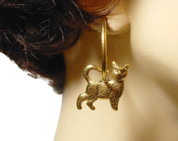 FREE SHIPPING Cat kitty earrings, gold hoop pierced, removable cat charms, wear hoop alone or with other charms! Mix it up!