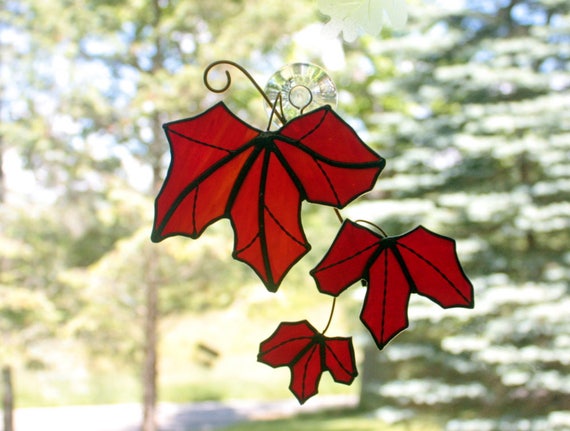 Stained Glass Red Maple Tree Branch with Leaves Sun Catcher