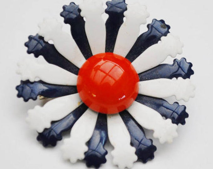 Flower Brooch - Red White Blue - Enamel on Metal - Floral pin