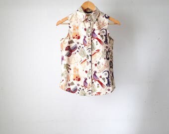 vintage ANIMAL PRINT petite small COLLARED tank top sleeveless button up top vintage 90s women's clothing