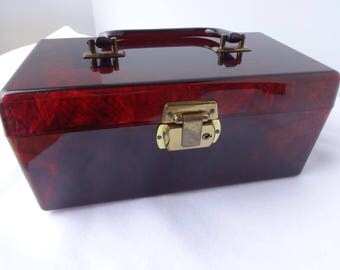 Vintage Lucite Purse Tortoise Box Purse w Brass Hardware 1960s , Trinket box, Makeup Case As IS some scratches around lock