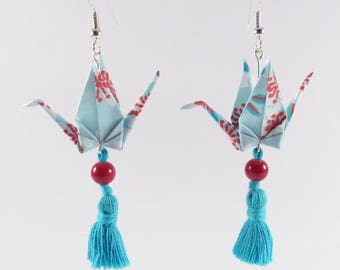 Origami birds earrings * MOYO * Origami jewelry | Papercrane earrings | Paperbird | Washi paper | Pompom | Animal | Made in France |Japan