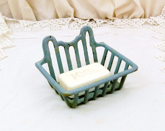 Large Antique Cast Iron Enameled Sky Blue Wall Hanging Soap Holder, French Blue Chippy Enamel Mural Soap Bar Dish, Enamelware Retro Bathroom