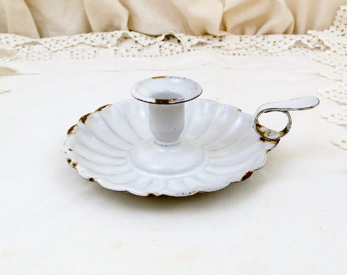 Antique French White Chippy Enamel Round Candle Holder / Candle Stick, Rustic Victorian Enamelware from France, Farmhouse Decor, Shabby Chic
