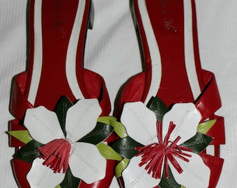 Vis a Vie Leather Red Vintage Sandals Flower Motif Mules Size 8M