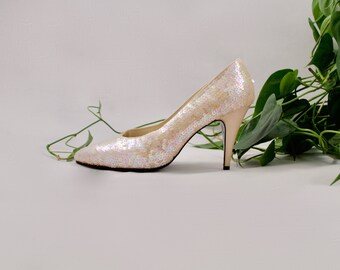 white sequin high heels
