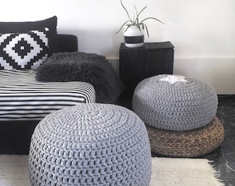 Light Grey Pouf Ottoman-Floor Pouf-Nursery Foot Stool Pouf-Crochet Round Pouf-Floor Pillow-Floor Cushion-Knit Pouffe-Nursery Decor-Bean Bag