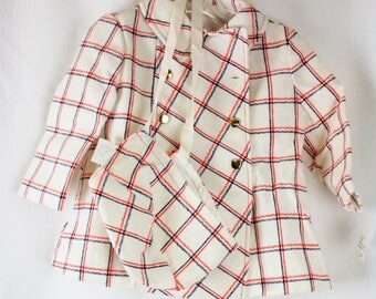 Vintage 1960s White Red Navy Plaid Double Breasted Children's Girls Toddlers Pea Coat SZ 2 With Bonnet NWT G25