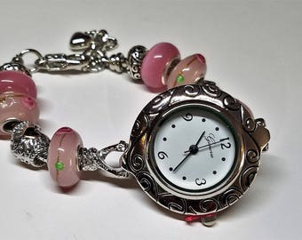 Women's european charm bracelet watch, Mom charm with pink crystal, pink flower lampwork beads, silver-gold heart bead, pink cat eye beads