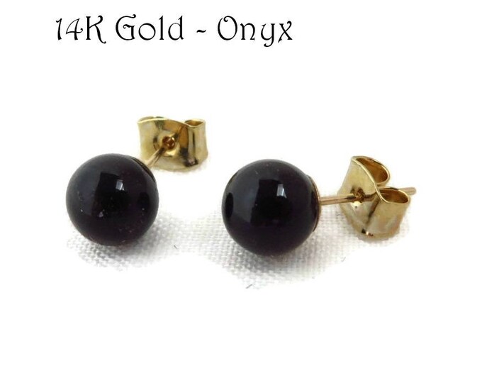 Onyx Earrings, Pierced Gold Studs, 14K Gold 7mm Onyx Bead Pierced Earrings, Vintage Earrings, Dainty Studs, Gift for Her