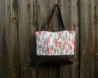 Feather Tote, Large Diaper Bag, Faux Leather Purse, Canvas Tote, Shoulder Bag, Overnight Bag