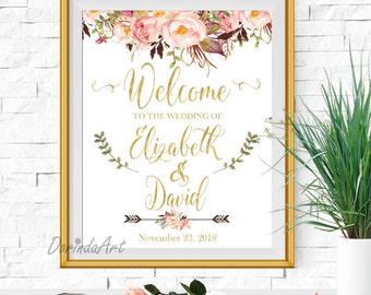 Welcome Wedding sign Printable Pink and Gold Welcome to our wedding sign Floral Watercolor Rustic Wedding signs Boho Bridal Shower Sign