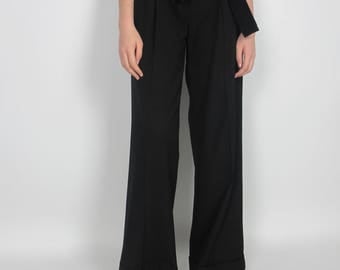 High waisted wide leg pants / S-M / perfect for cinching as needed for paper bag look black pleated simple cuffed minimal minimalist basic