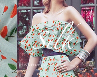 Orange buds turquoise Silk Crepe by the yard