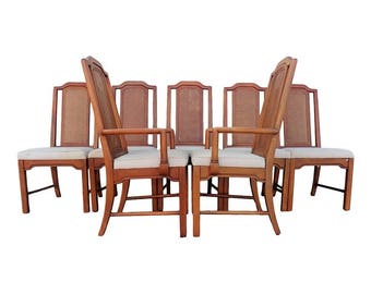 VVH Vintage Set of 7 Cane Back Pagoda Dining Chairs by Dixie Furniture Company Asian Ming Mid Century Modern Chinoiserie Hollywood Regency
