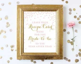Leave Your Recipe Card Here for the Bride Sign . 8x10 Printable . Pink and Gold . Bridal Shower Wedding Sign . Digital File Instant Download