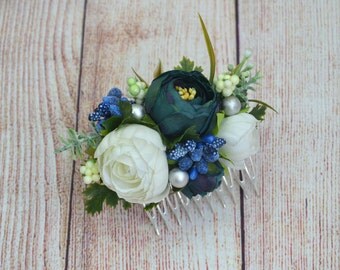 Gift/for/sister Flower comb wedding Hair comb Blue hair comb Wedding headpiece White flower comb Blue Bridal hair comb Flower girl comb