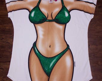 90s Body Dreams Hot Beach Girl In Bikini Costume Oversized Shirt Made In USA