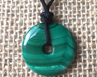 Genuine Malachite Necklace, Green Malachite Disc Necklace, Malachite Donut Necklace, Malachite Safety Buckle Adjustable Black Cord Necklace
