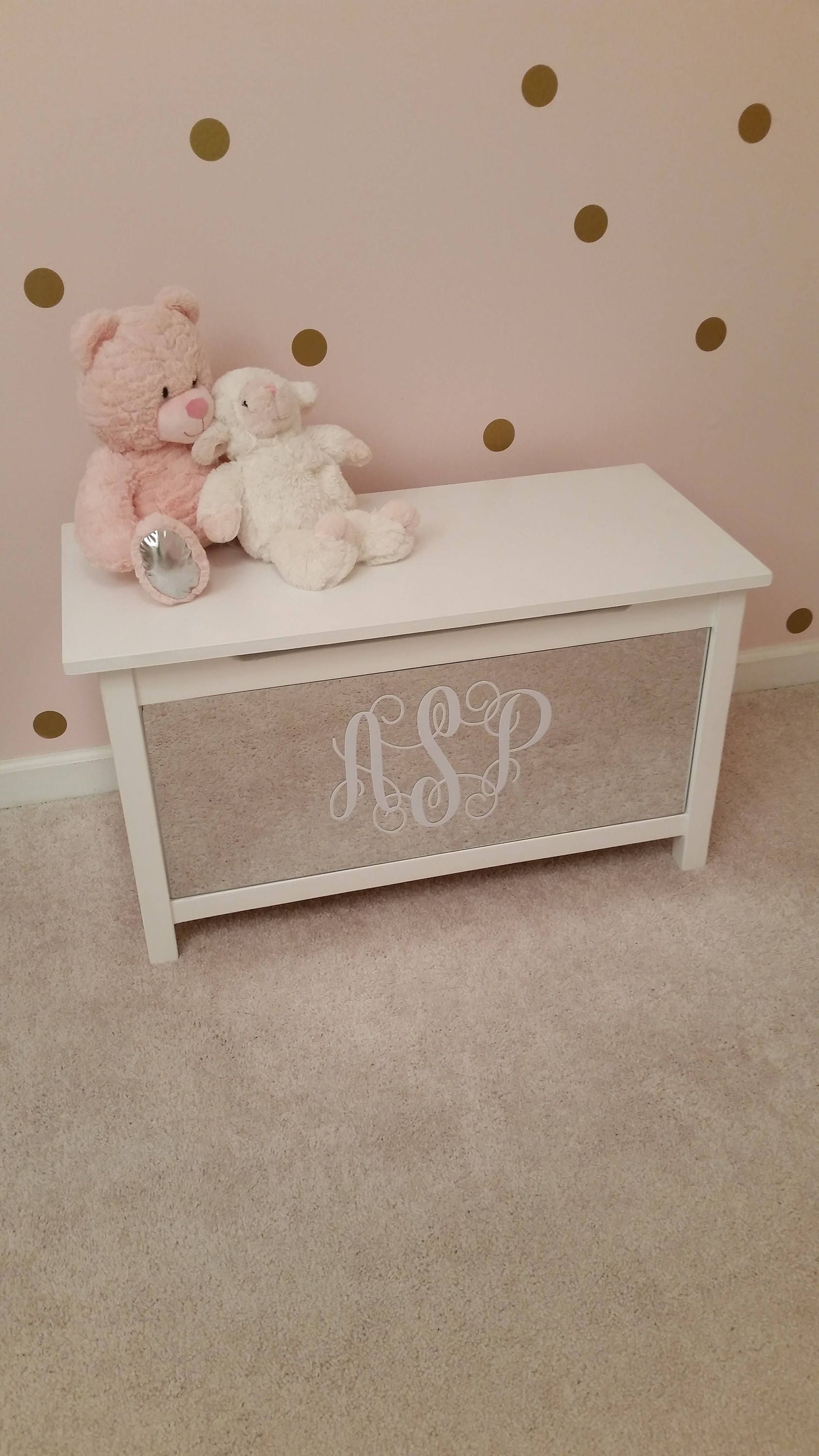 Monogrammed Mirrored Wooden Toy Chest Painted White Box Monogrammed Mirrored Wooden Toy Chest Painted White Box Customized Personalized