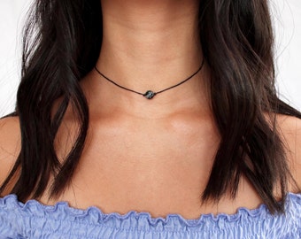 black obsidian marble snowflake beaded choker necklace - obsidian snowflake beads, black cord, minimal, modern, delicate, dainty