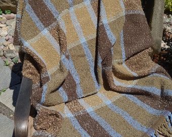 Handwoven throw in browns and light blue