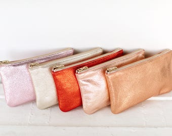 MAE Rose gold Clutch. Rose gold Leather Pouch. Metallic Rose Gold Leather Wallet. Small Rosegold Wedding Pouch. Bridesmaid Clutch