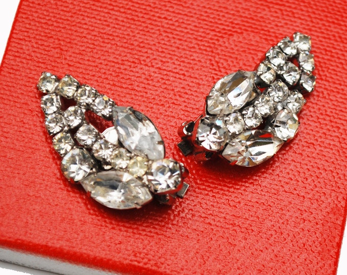 Clear Rhinestone earrings - Floral Leaf - Clip on Earrings- Wedding Bride