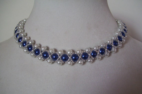 Cobalt Blue and White Beadwork Necklace Collar Choker Bib with