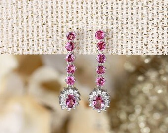 Pink Tourmaline and Diamond Halo Dangle <Prong> Solid 14K White Gold (14KW) Colored Stone Earrings *Fine Jewelry* (Free Shipping)