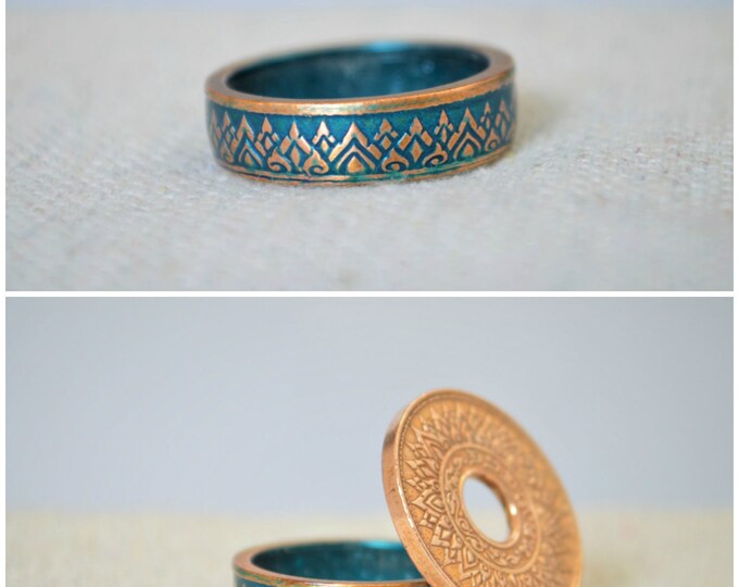 Thailand Coin Ring, Turquoise Ring, Crown Ring, Unique Ring, Turquoise BoHo Ring, Coin Jewelry, Bohemian Ring, Turquoise Coin Ring, Thai Art